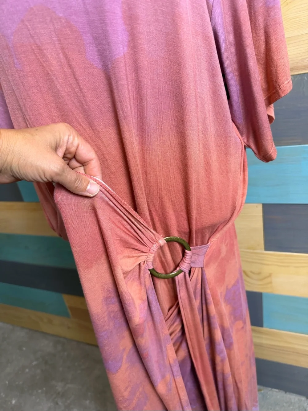 Free People Alyssa Wrap Dress Tie-Dye in Pink and Orange Boho Adjustable D Ring - Picture 3 of 14